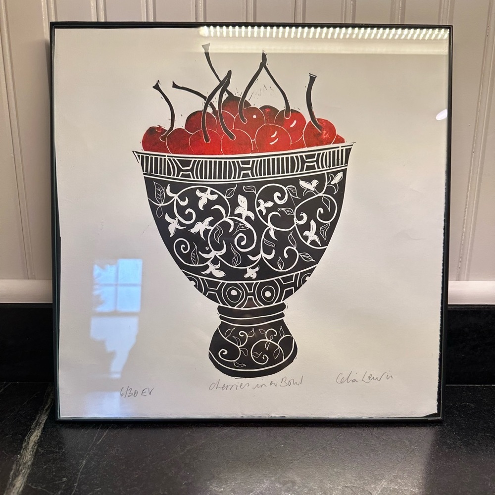 Celia Lewis Linocut Cherries in a bowl .